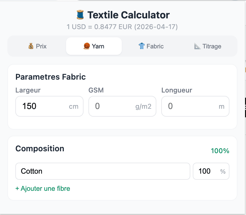Plugin Chrome - Calculateur textile 1