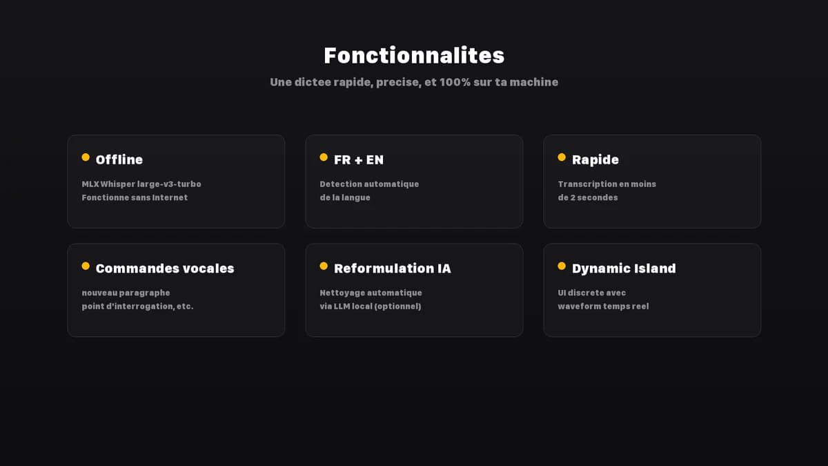 Fonctionnalites de VoiceInk - offline, FR EN, rapide